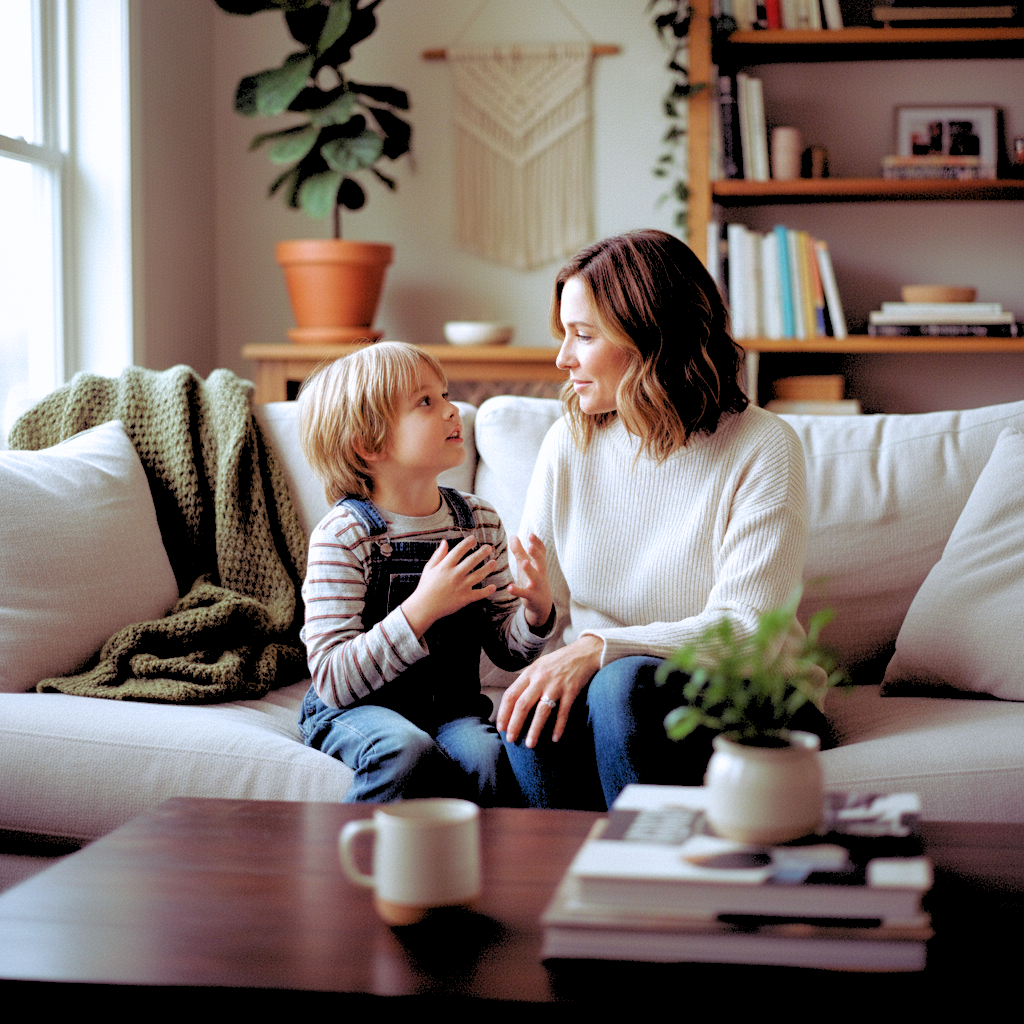 A warm, candid moment showing connection between a parent and child.