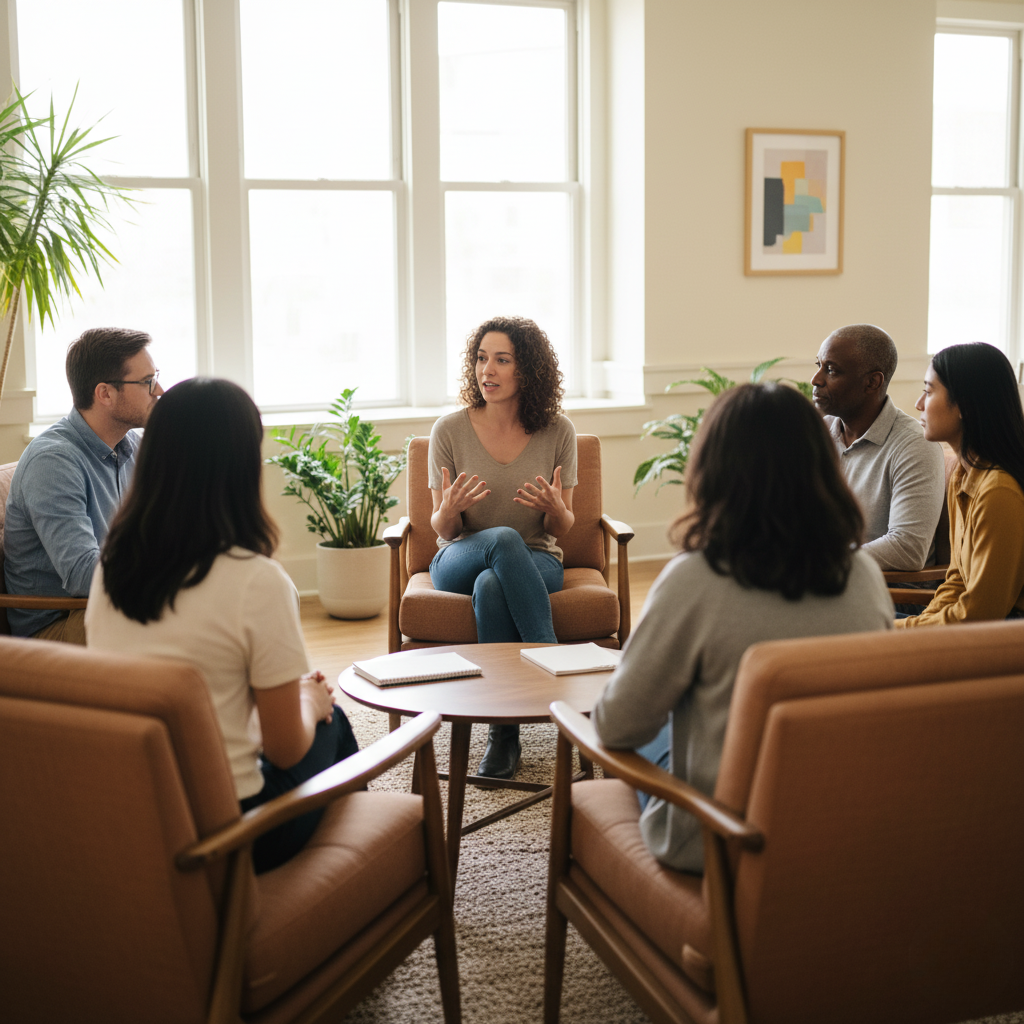 A small group of adults engaged in a collaborative workshop setting.